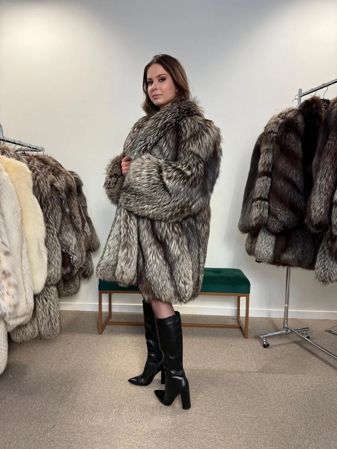 Vintage Silver Fox Fur Coat, Women's XL, Elegant Full-Length Overcoat