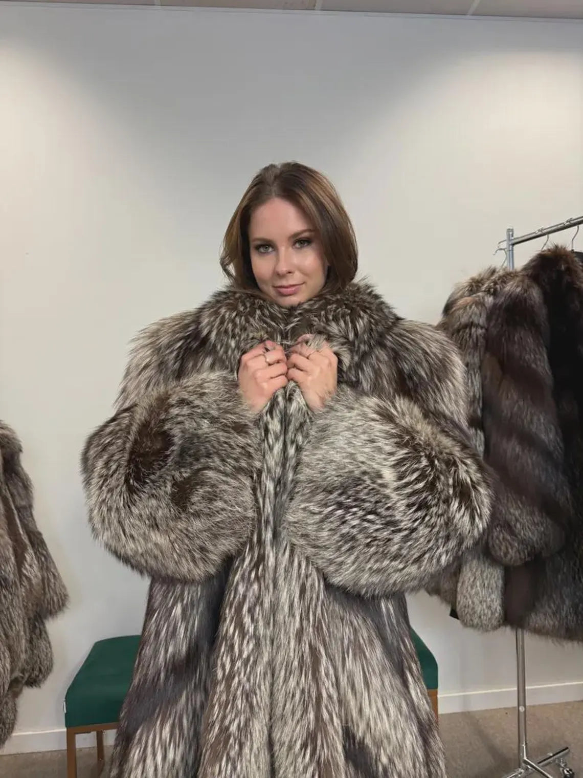 Vintage Silver Fox Fur Coat, Women's XL, Elegant Full-Length Overcoat