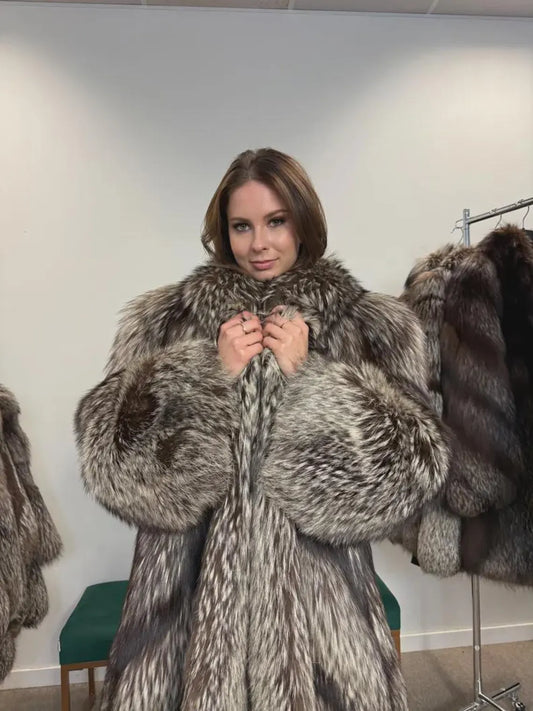 Vintage Silver Fox Fur Coat, Women's XL, Elegant Full-Length Overcoat