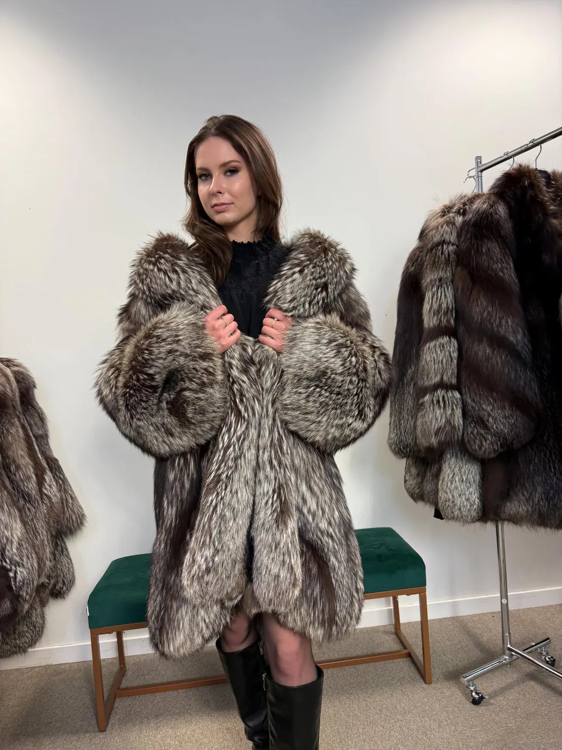 Vintage Silver Fox Fur Coat, Women's XL, Elegant Full-Length Overcoat